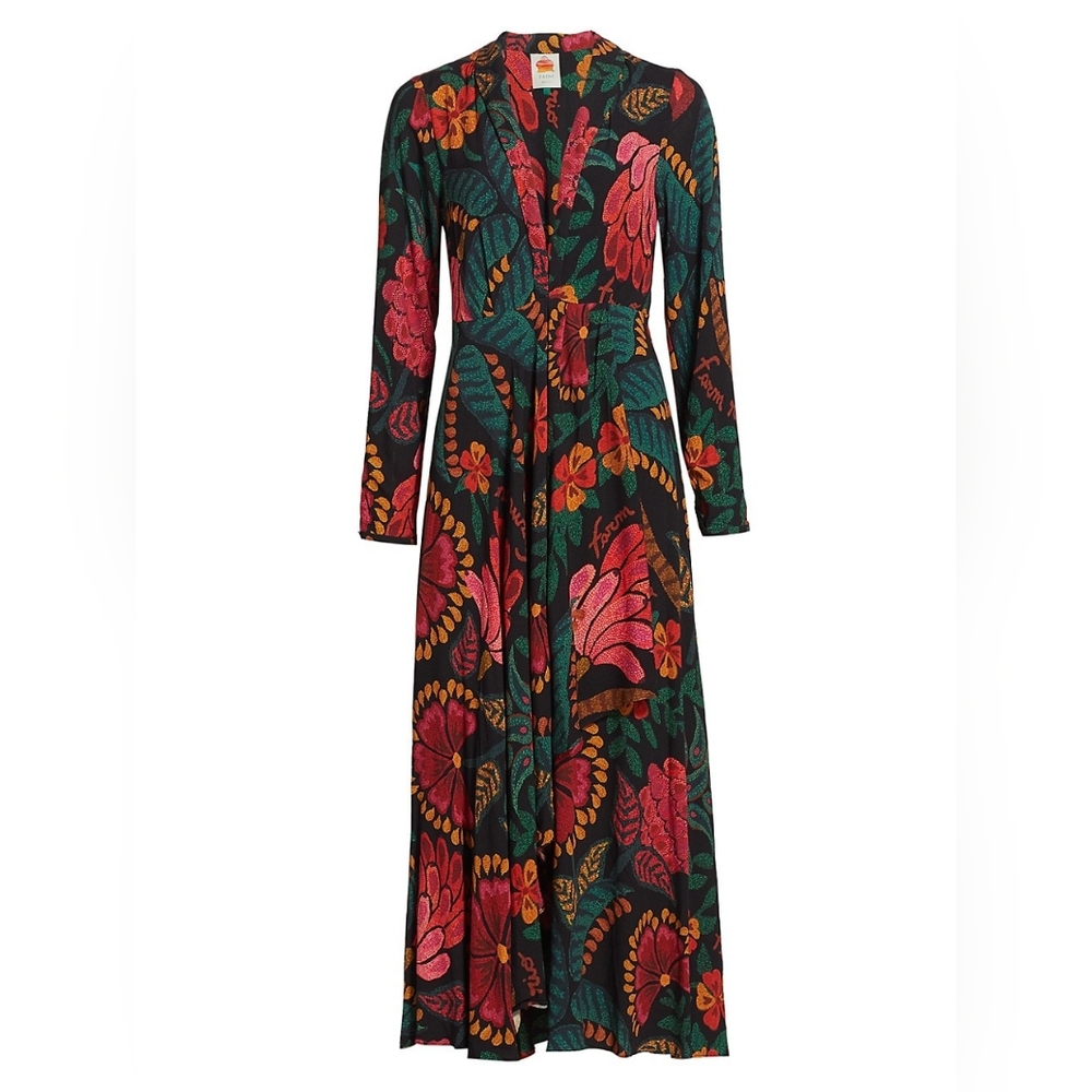 XS Farm Rio Flowerdoscopic Long Sleeve Black Floral Maxi Dress